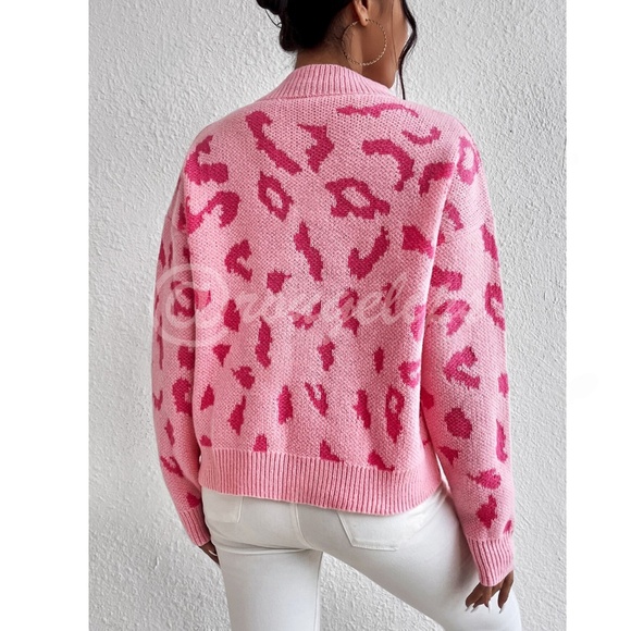 Pink Cheetah Leopard Animal Print Knit Sweater Pullover Long Sleeve - Picture 6 of 7